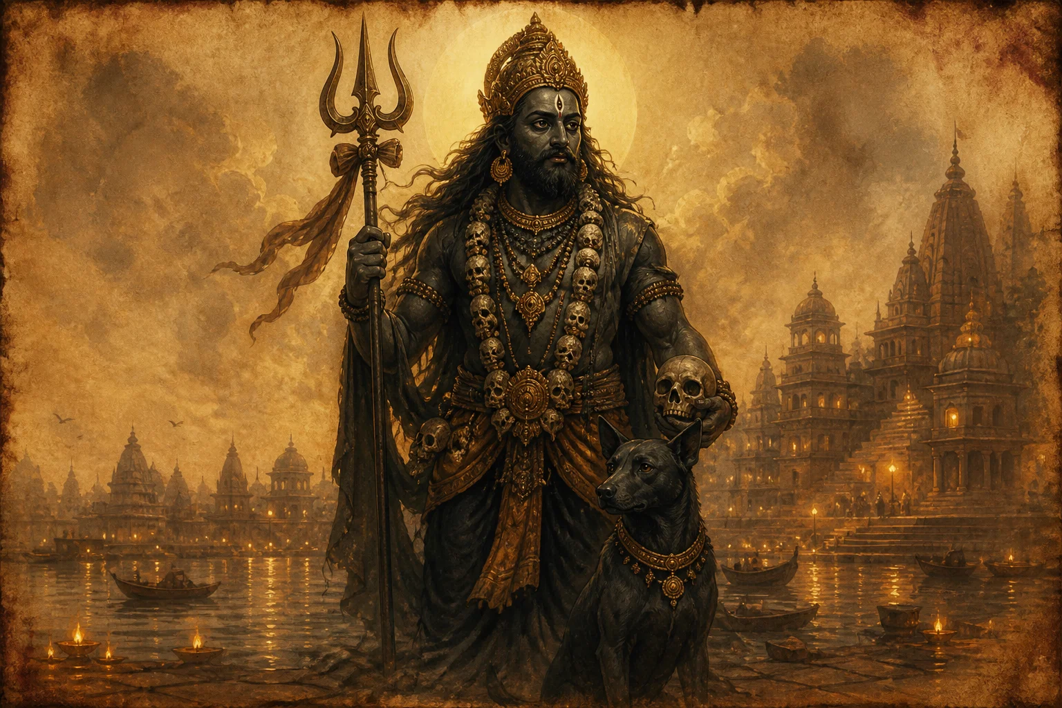 Illustration of Lord Kalabhairava on warm parchment