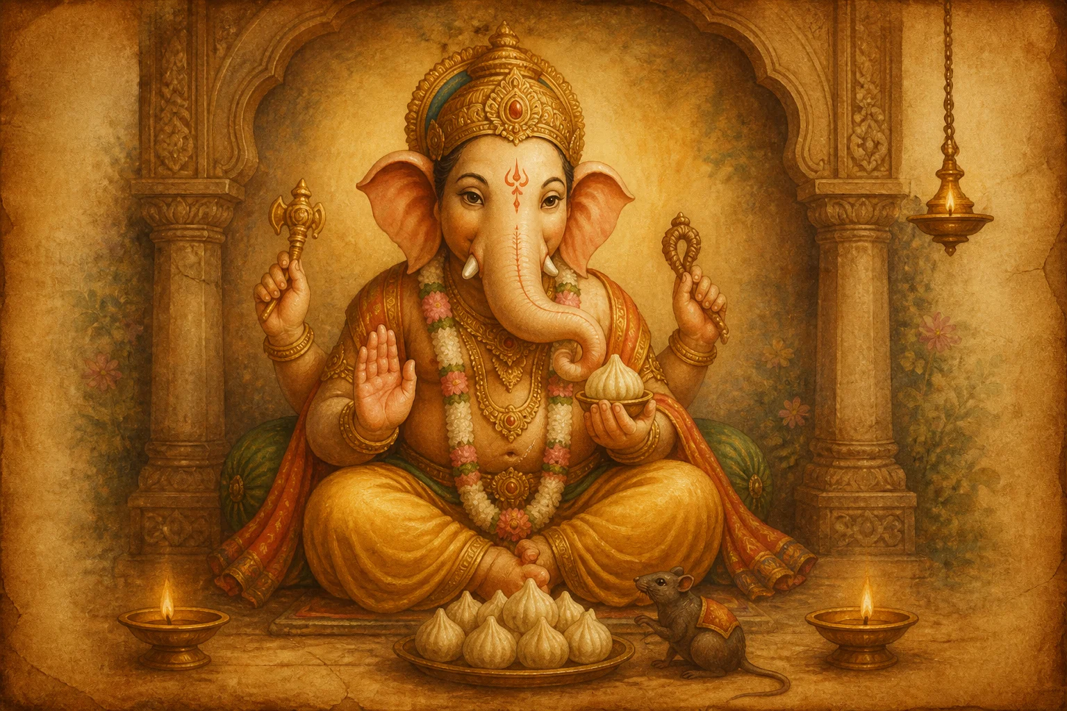 Illustration of Lord Ganesha on warm parchment