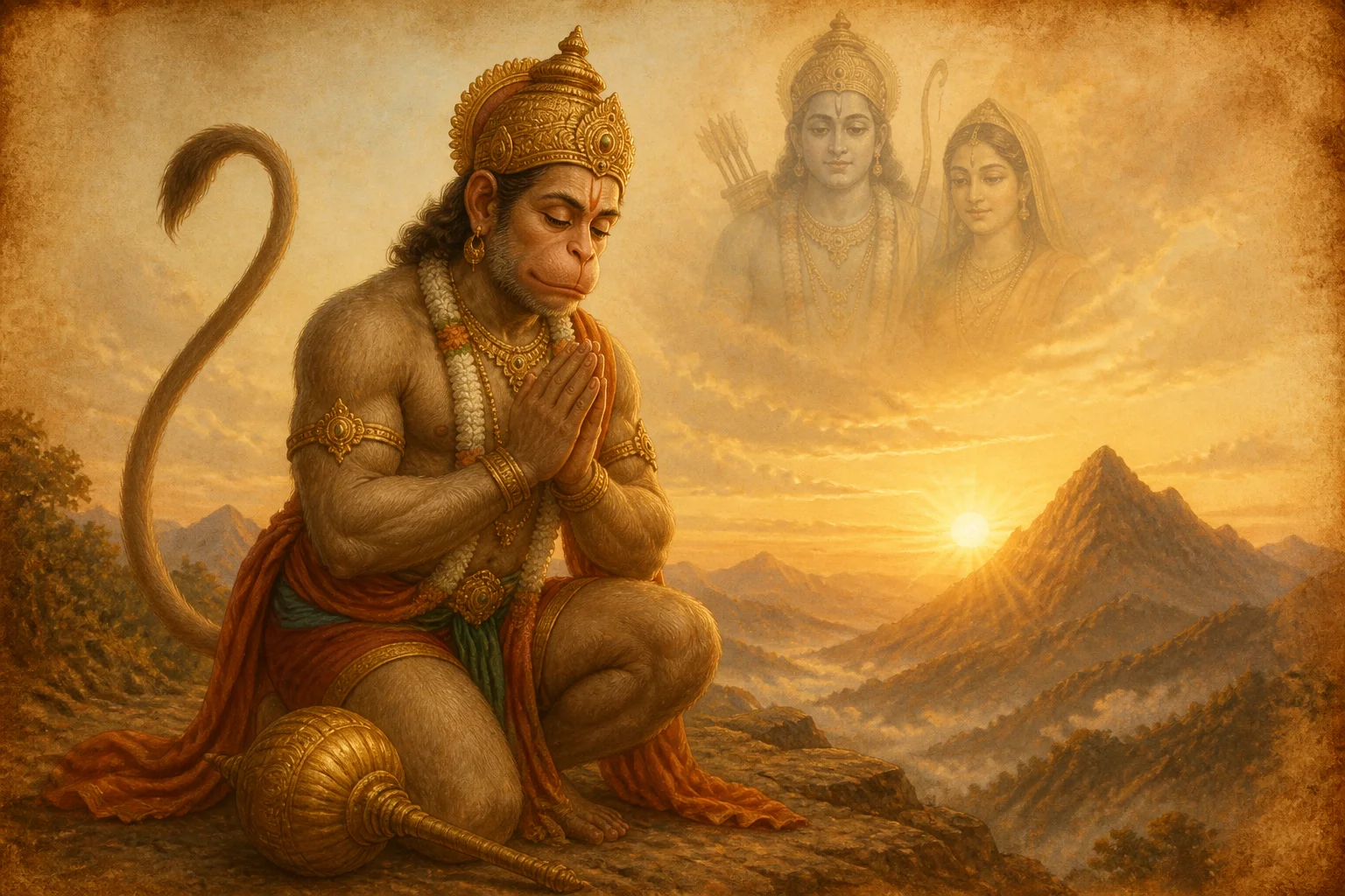 Illustration of Lord Hanuman on warm parchment