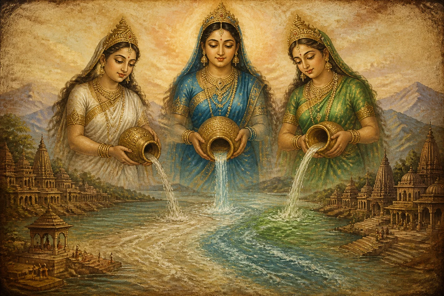 Illustration of sacred rivers on warm parchment