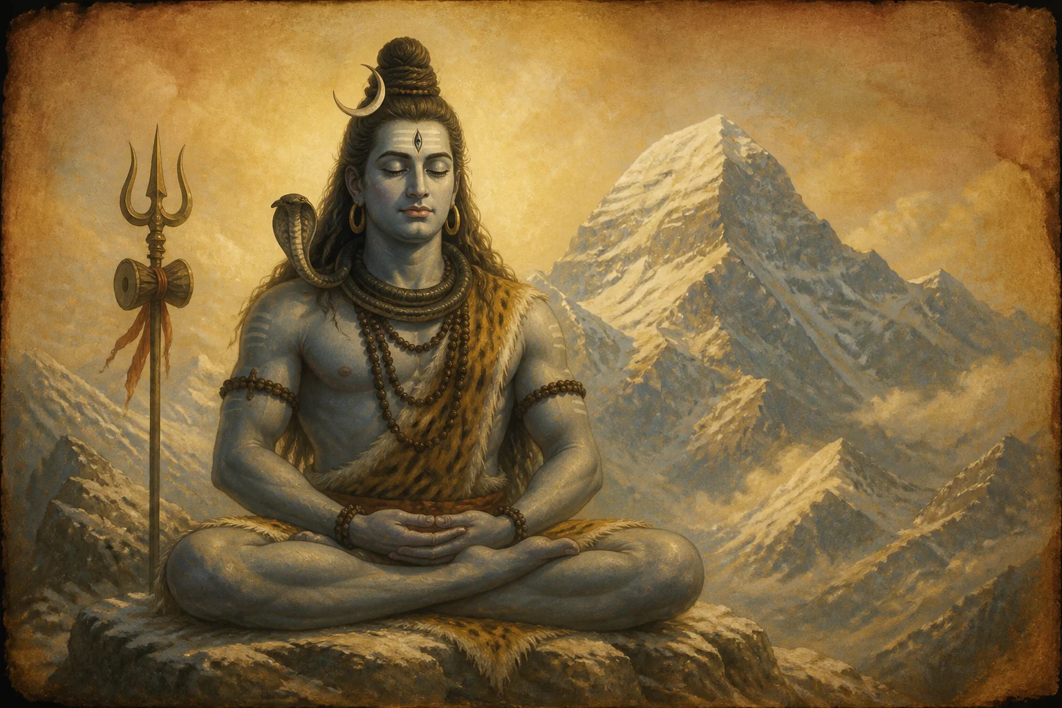 Illustration of Lord Shiva in meditation on warm parchment