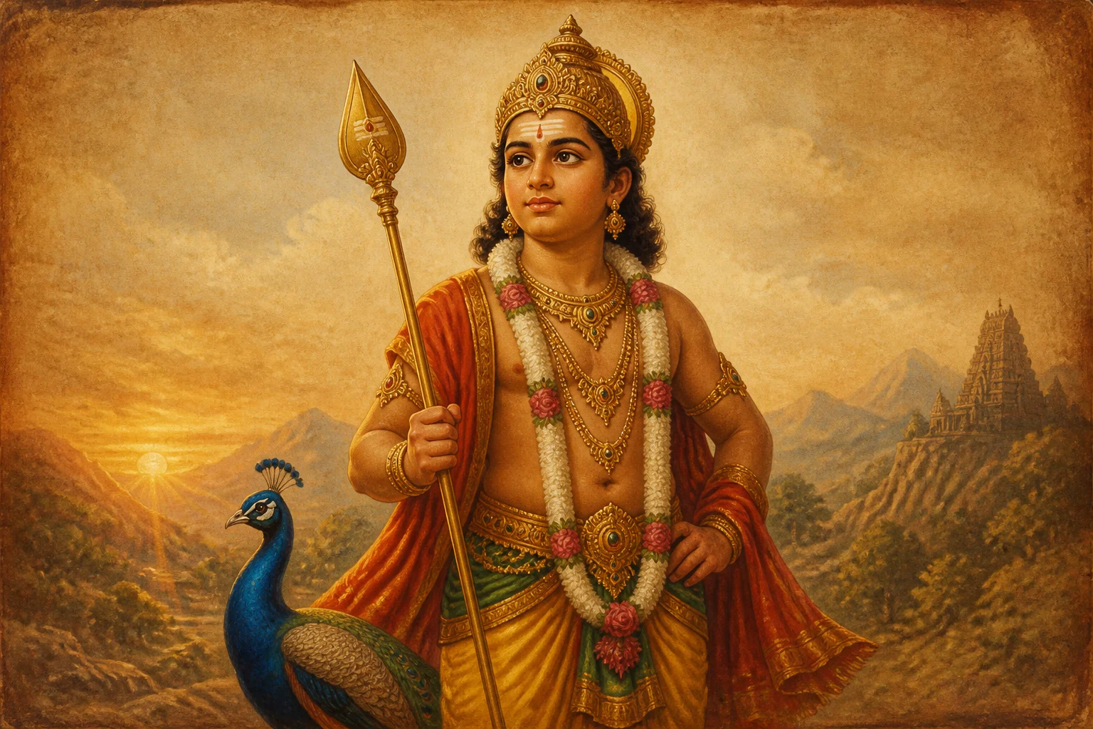 Illustration of Lord Subrahmanya on warm parchment