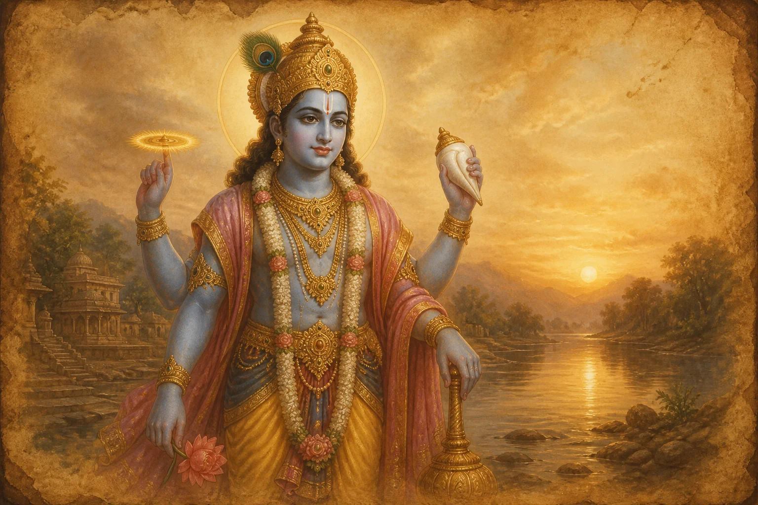 Illustration of Shri Vishnu as Govinda on warm parchment