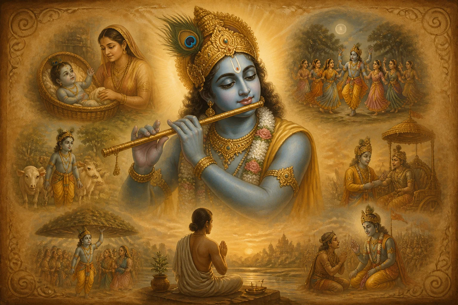Illustration for Achyutashtakam on warm parchment