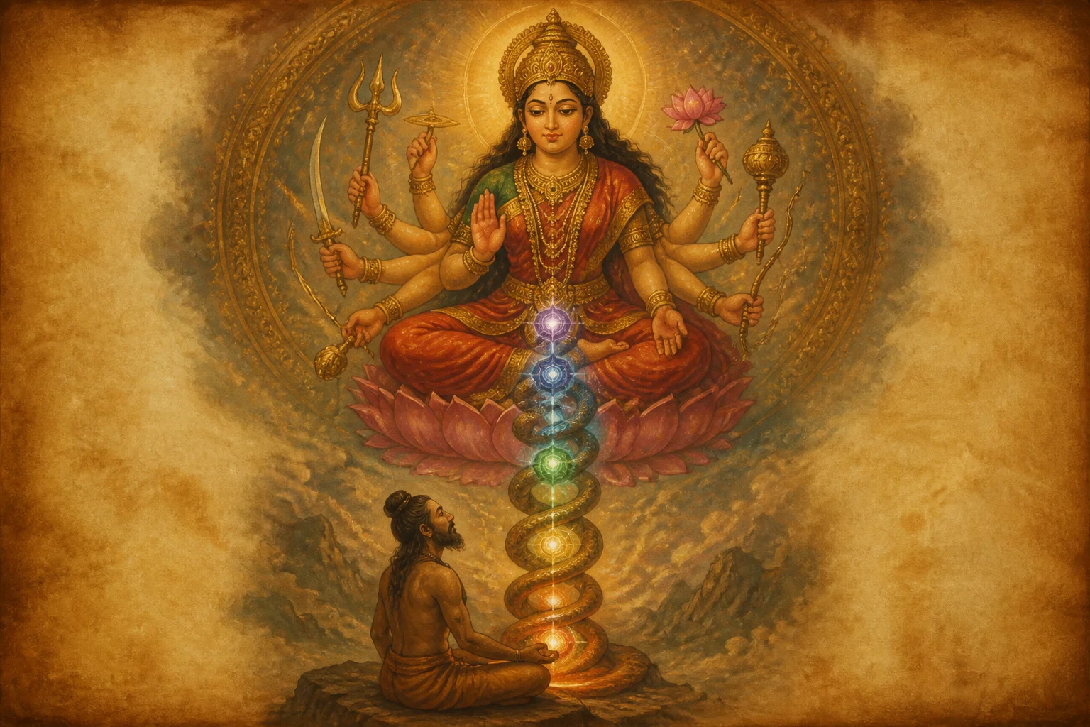 Illustration for Bhavani Bhujangam on warm parchment