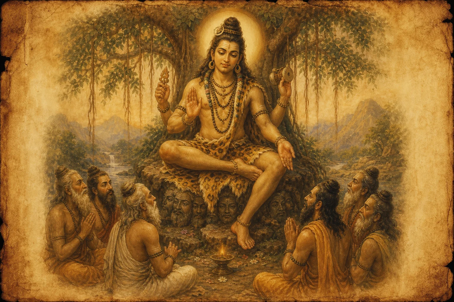 Illustration for Dakshinamurti Varnamala Stotram on warm parchment