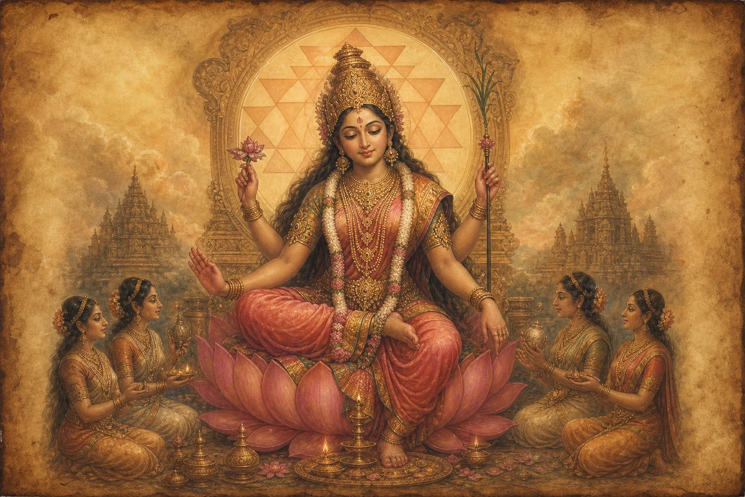 Illustration for Devi Bhujanga Stotram on warm parchment