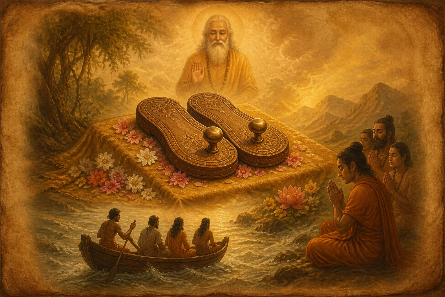 Illustration for Guru Paduka Stotram on warm parchment