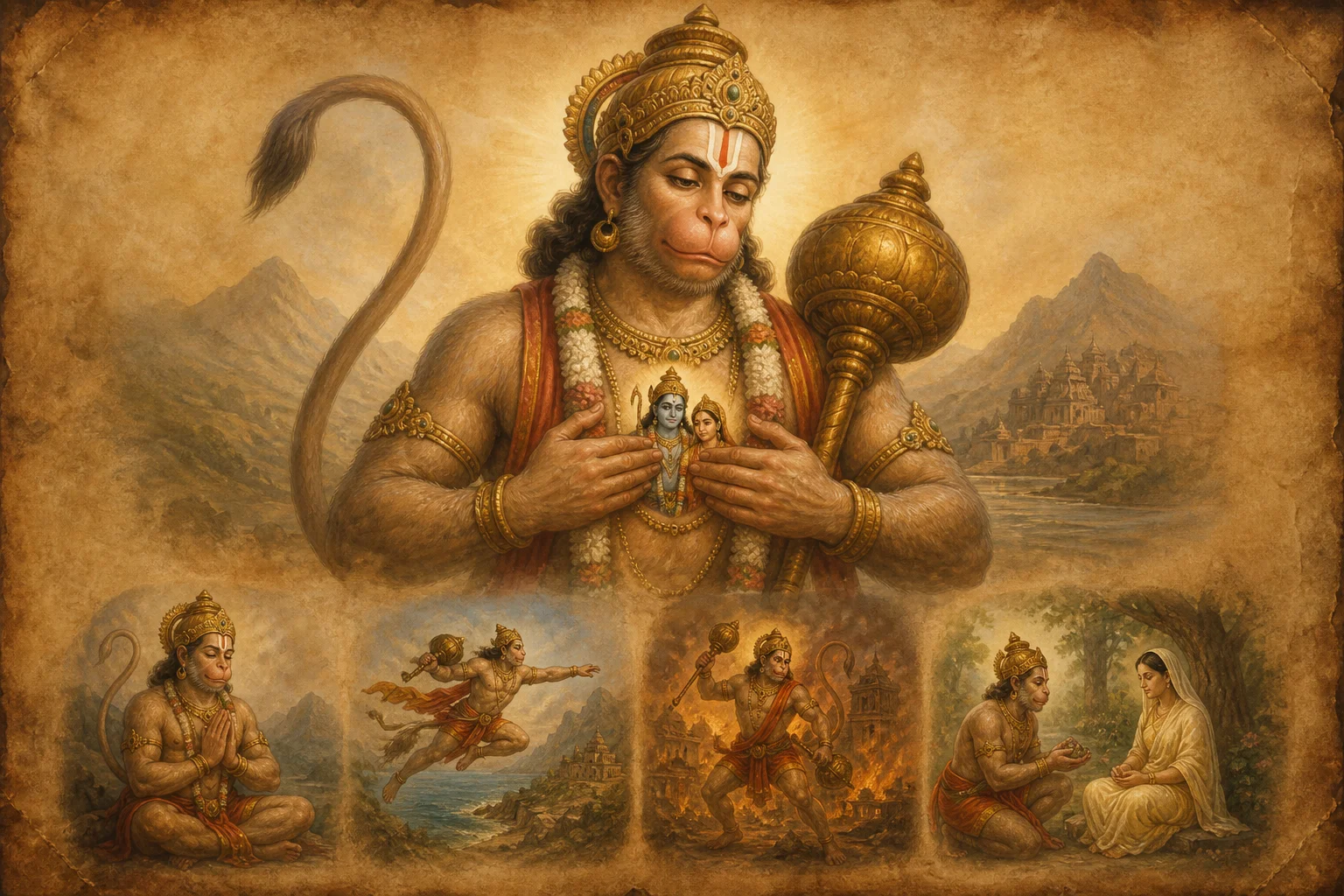 Illustration for Hanumat Pancharatnam on warm parchment