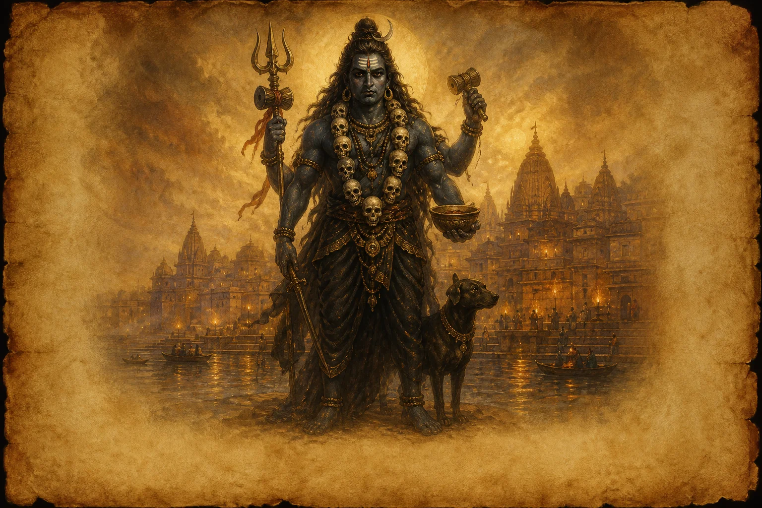 Illustration for Kalabhairavashtakam on warm parchment