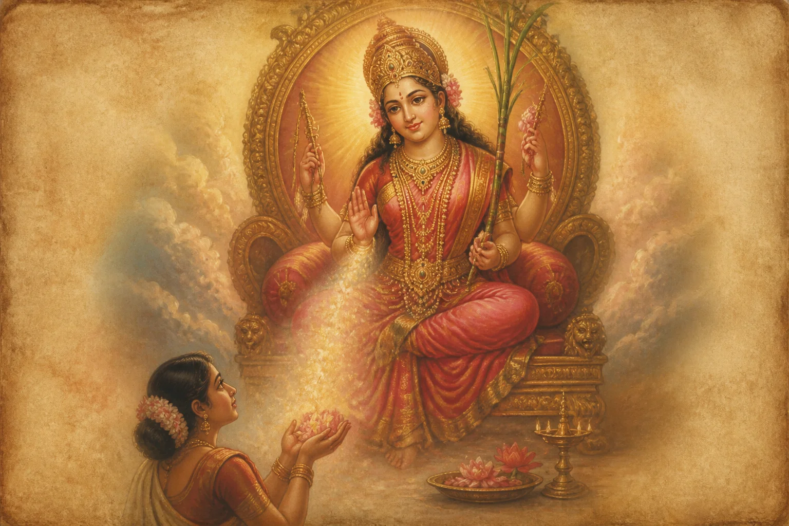 Illustration for Kalyana Vrishti Stavah on warm parchment