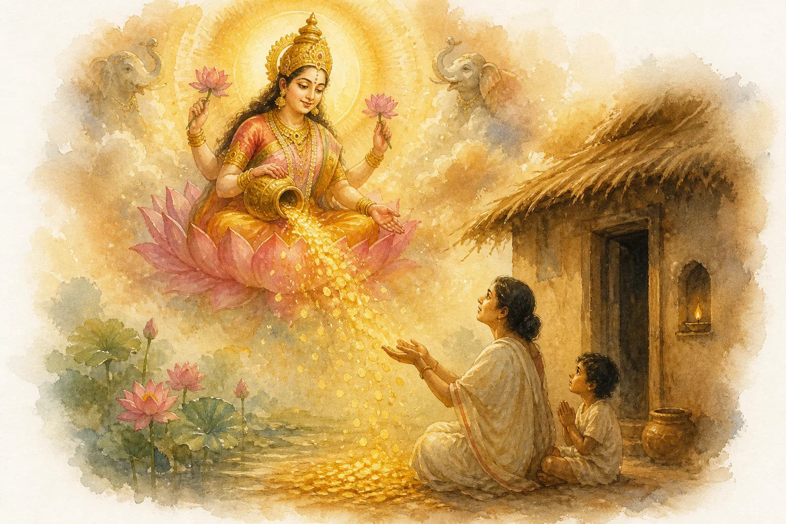 Illustration for Kanakadhara Stotram on warm parchment