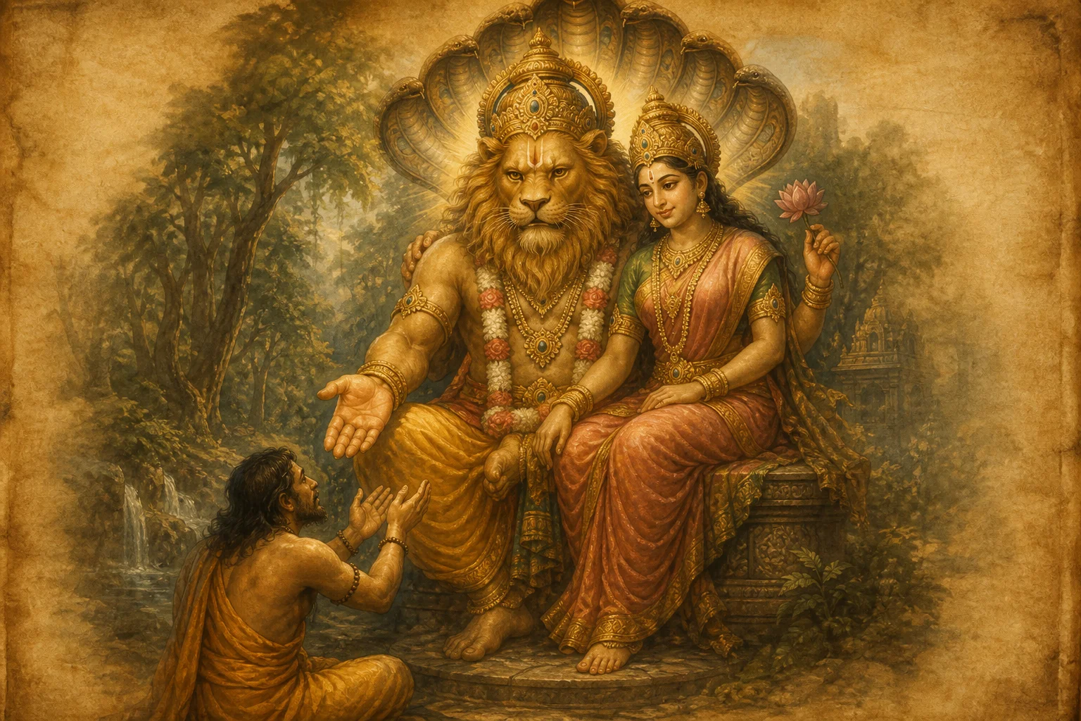 Illustration for Lakshmi Nrisimha Karunarasa Stotram on warm parchment