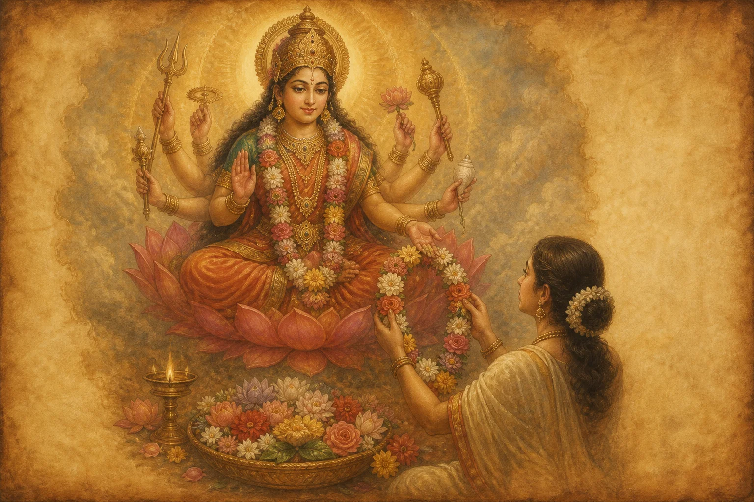 Illustration for Mantra Matrika Pushpamala Stavah on warm parchment
