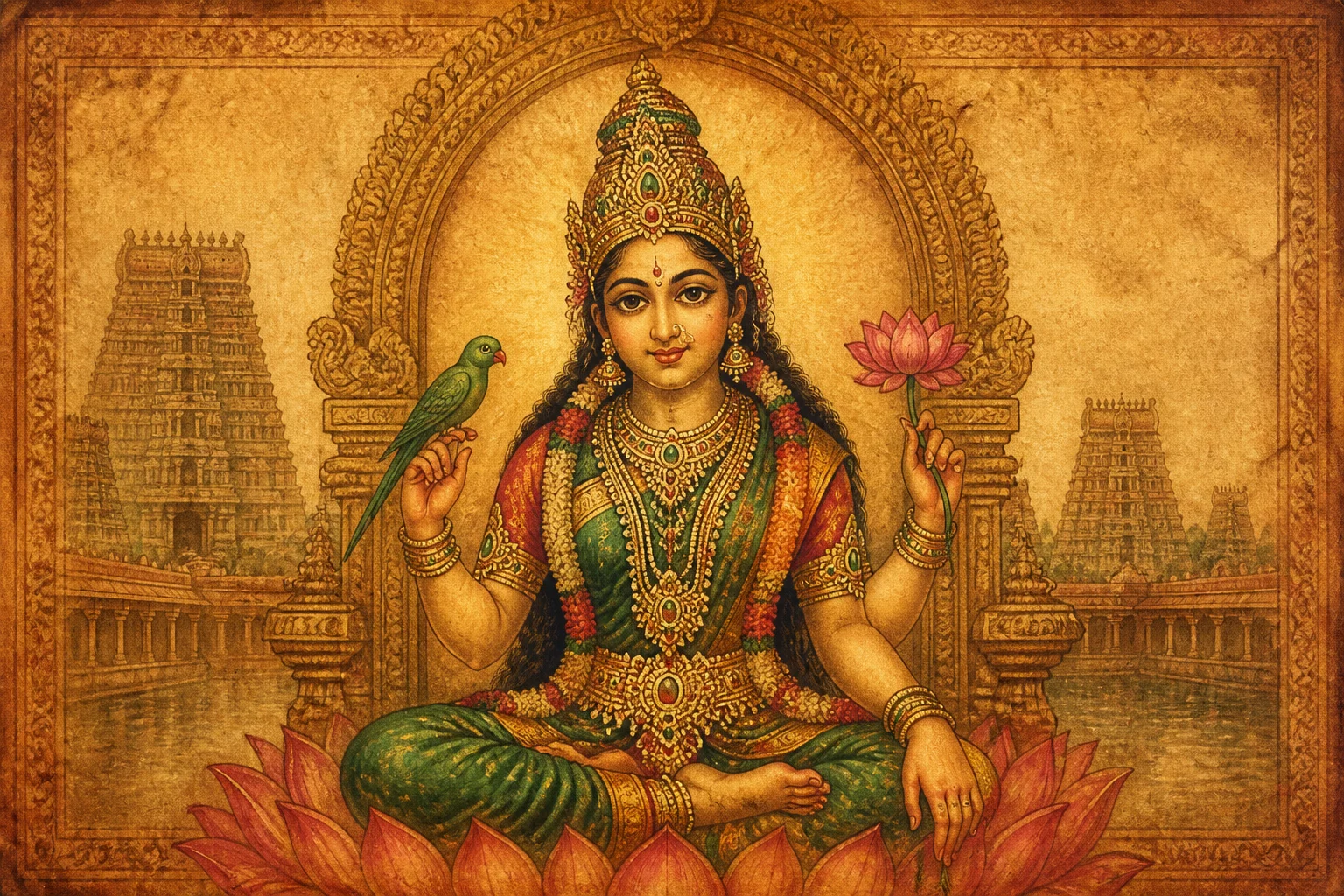Illustration for Minakshi Stotram on warm parchment