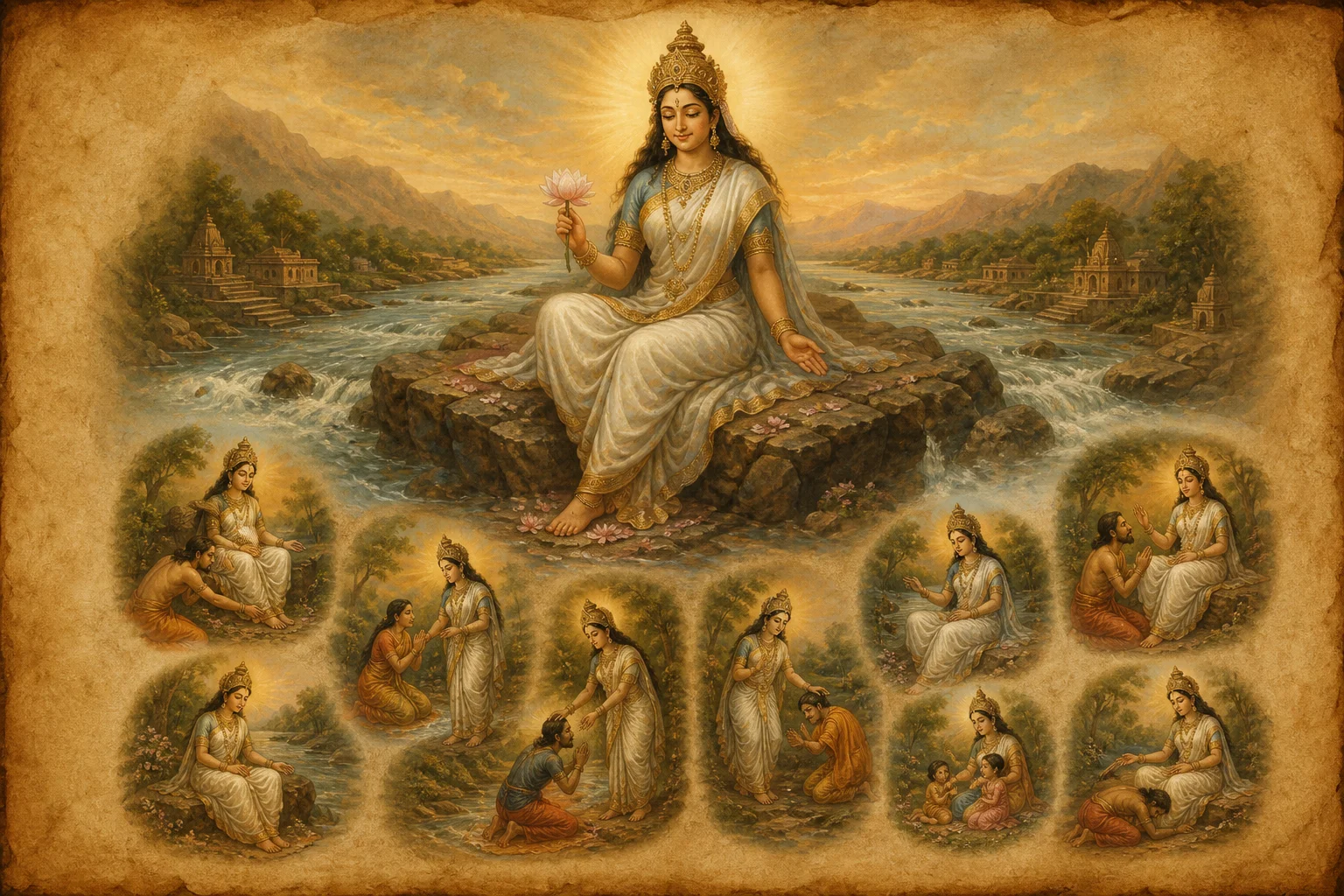 Illustration for Narmadashtakam on warm parchment