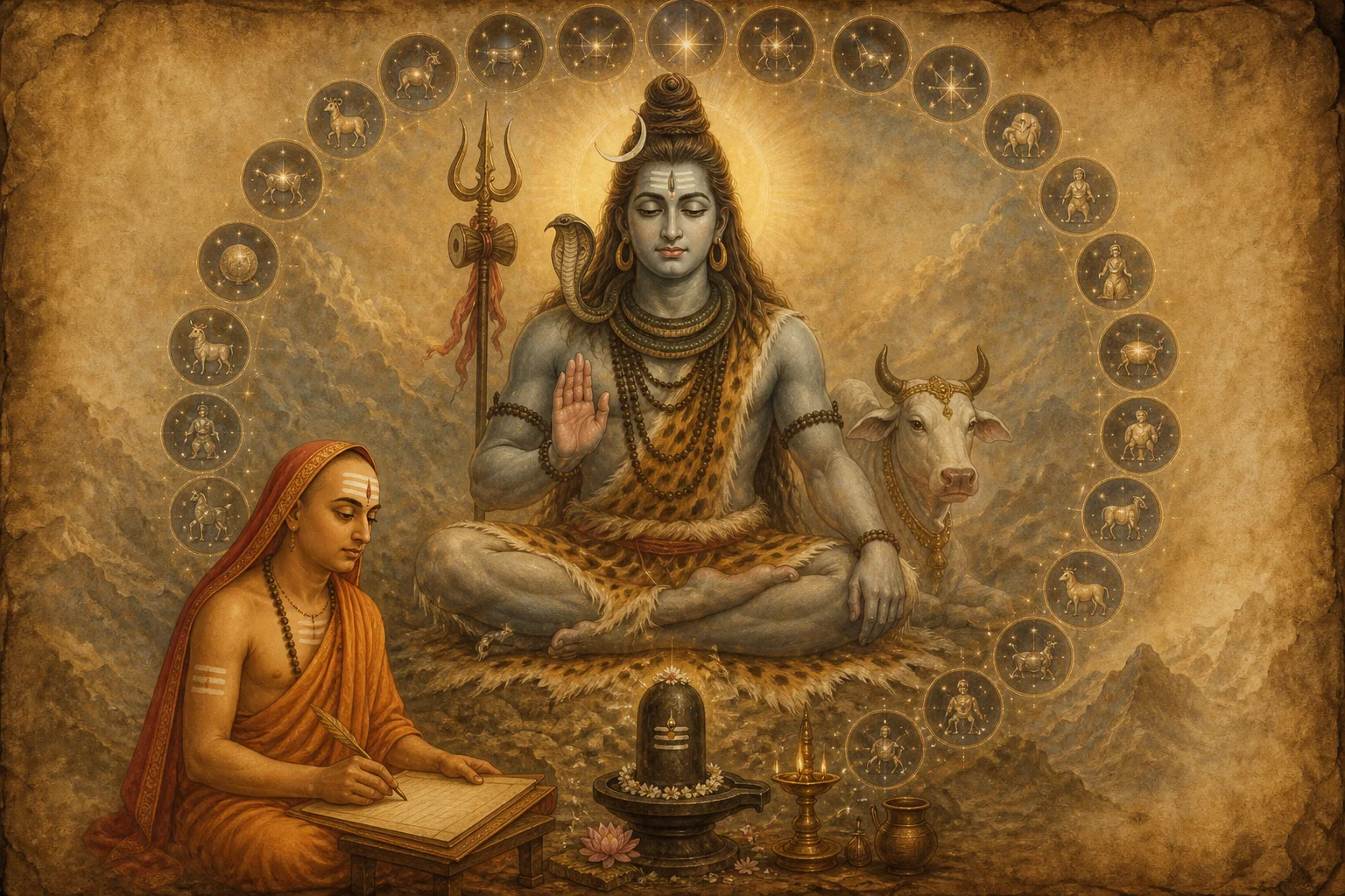 Illustration for Shiva Panchakshara Nakshatra Mala Stotram on warm parchment