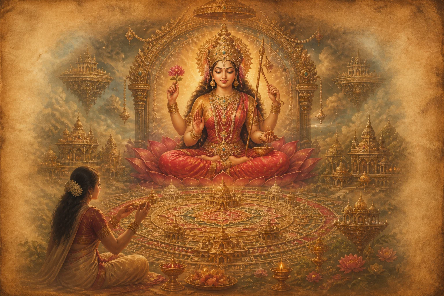Illustration for Tripura Sundari Manasa Puja Stotram on warm parchment