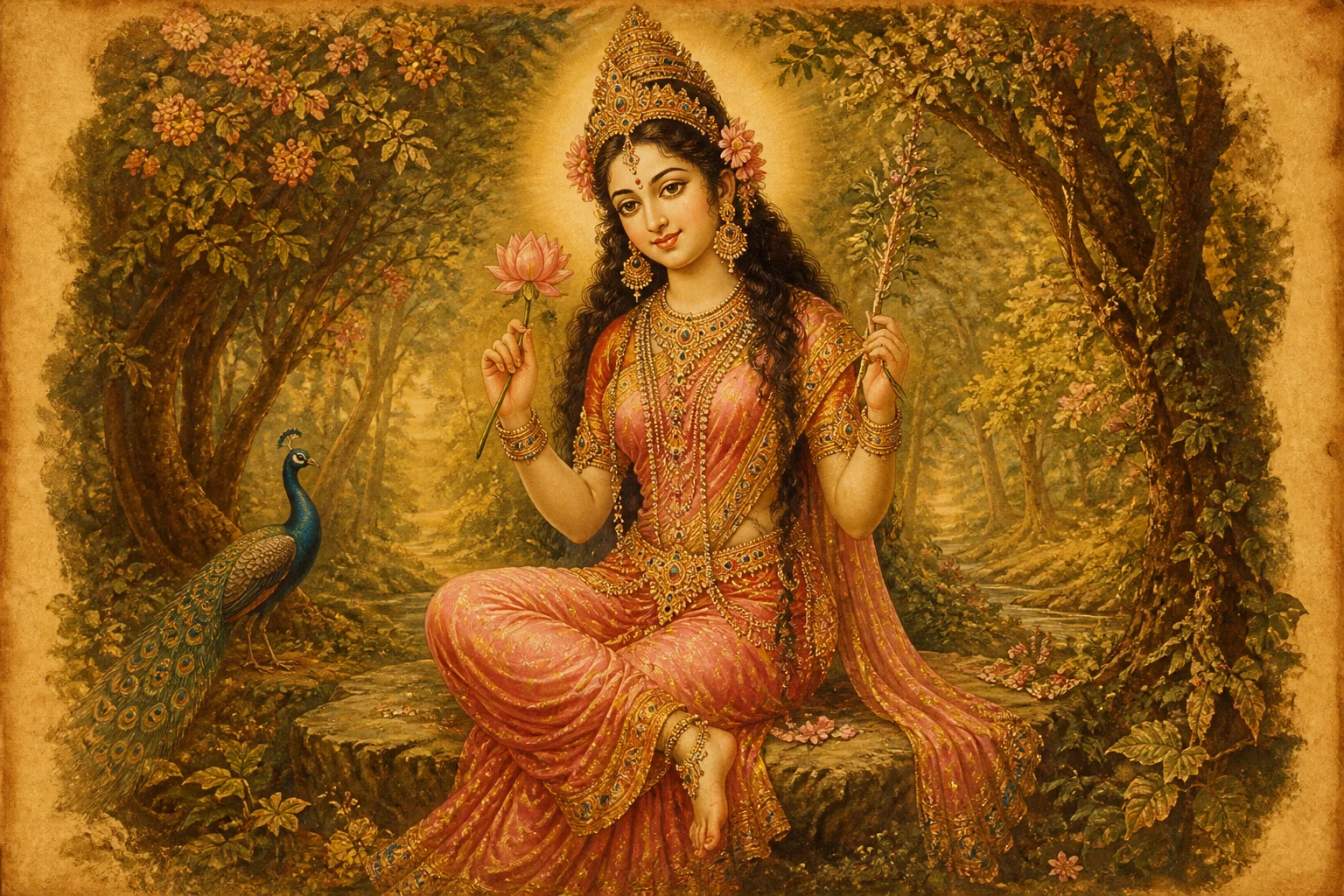 Illustration for Tripura Sundaryashtakam on warm parchment