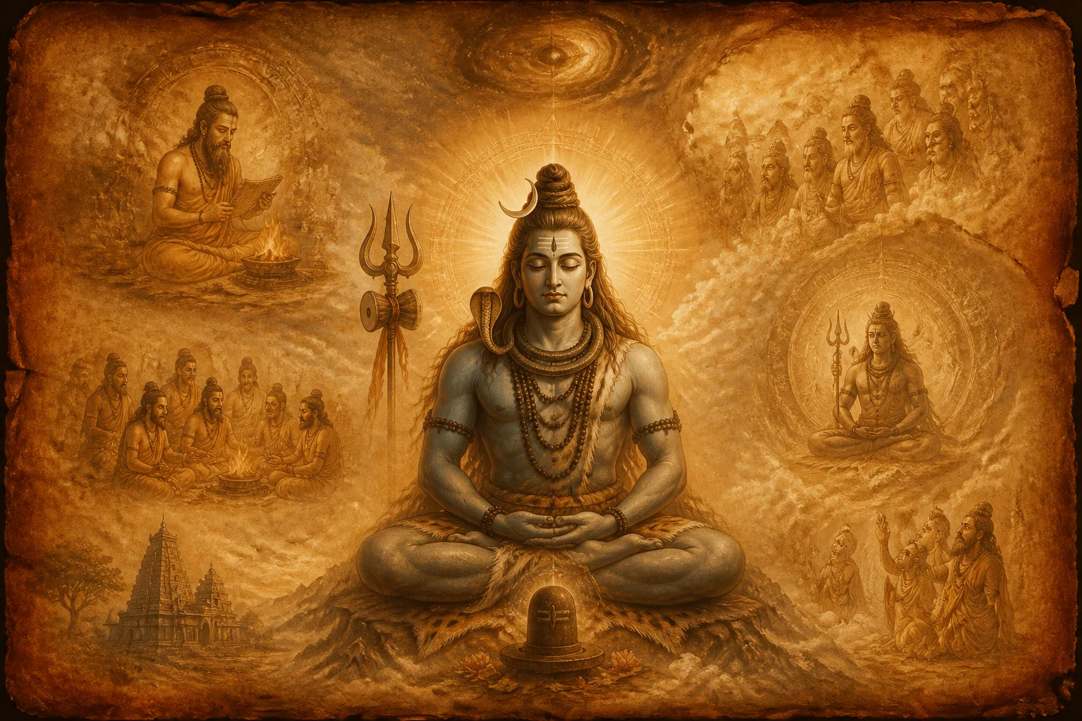 Illustration for Vedasara Shiva Stotram on warm parchment