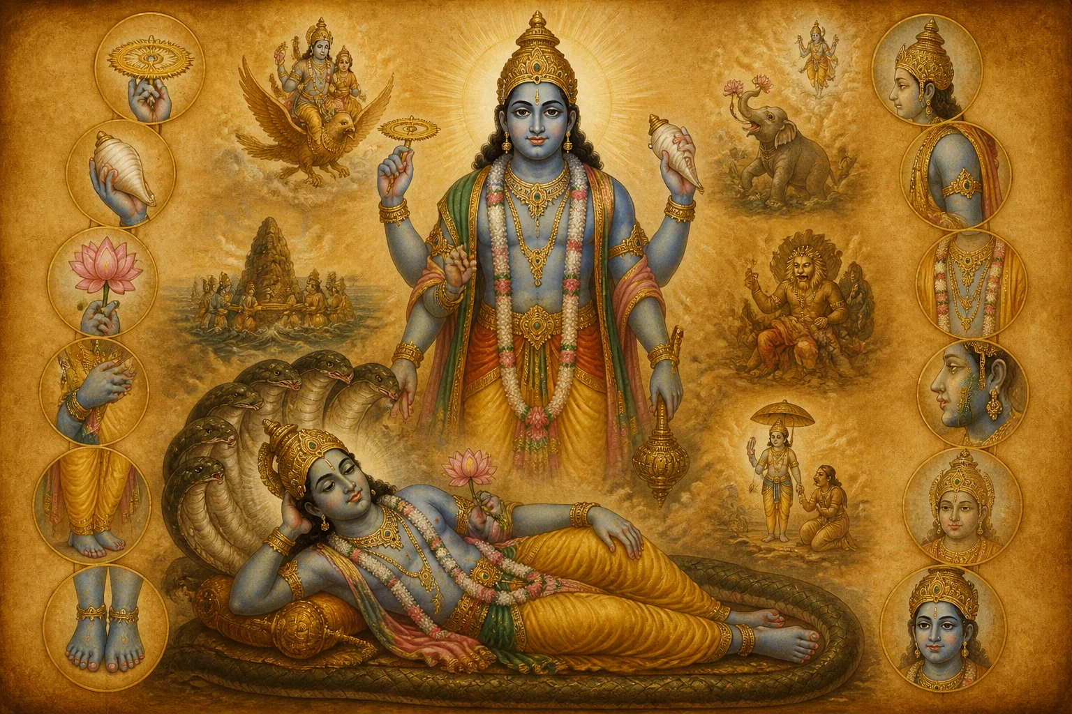 Illustration for Vishnu Padadi Keshanta Stotram on warm parchment