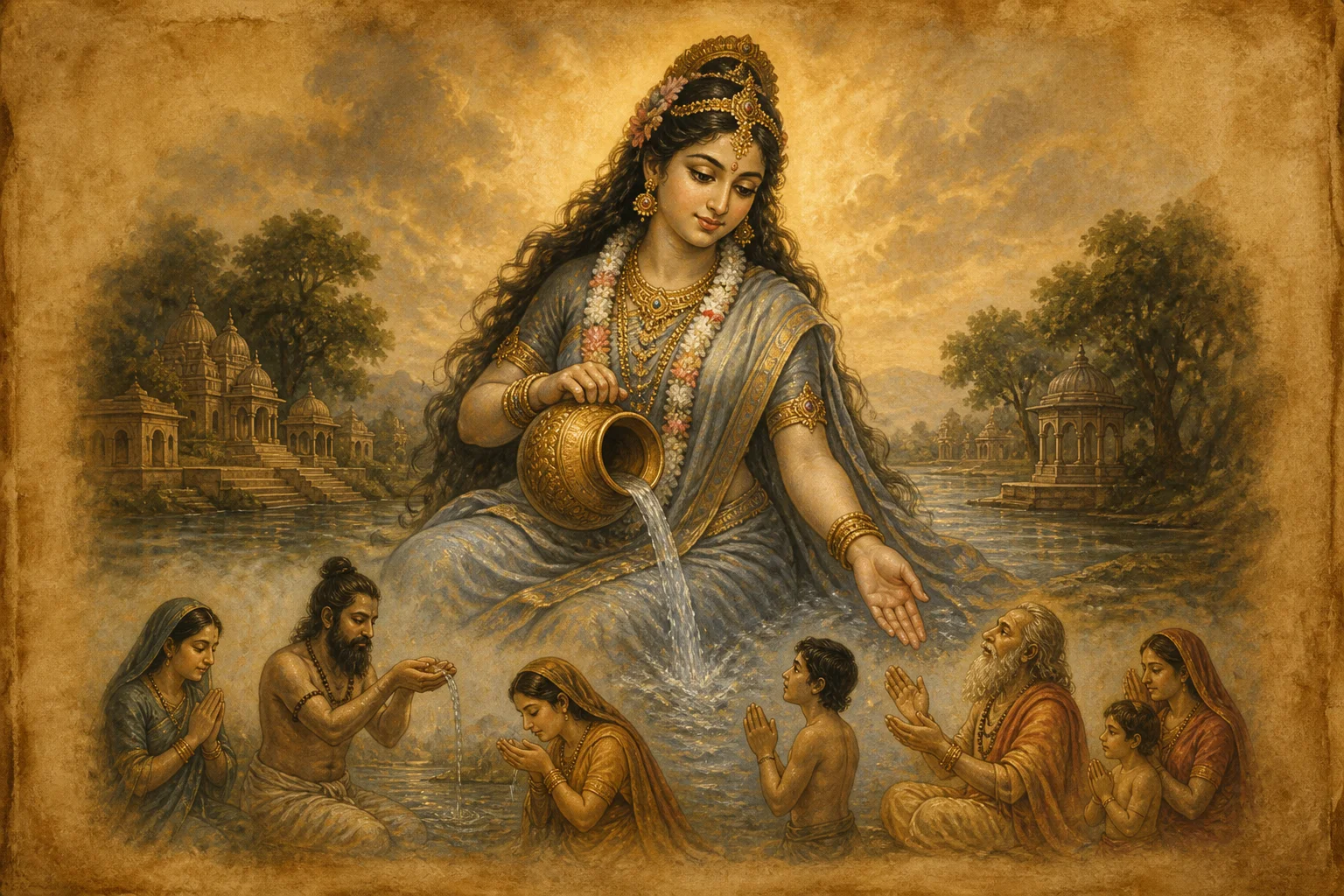 Illustration for Yamunashtakam on warm parchment